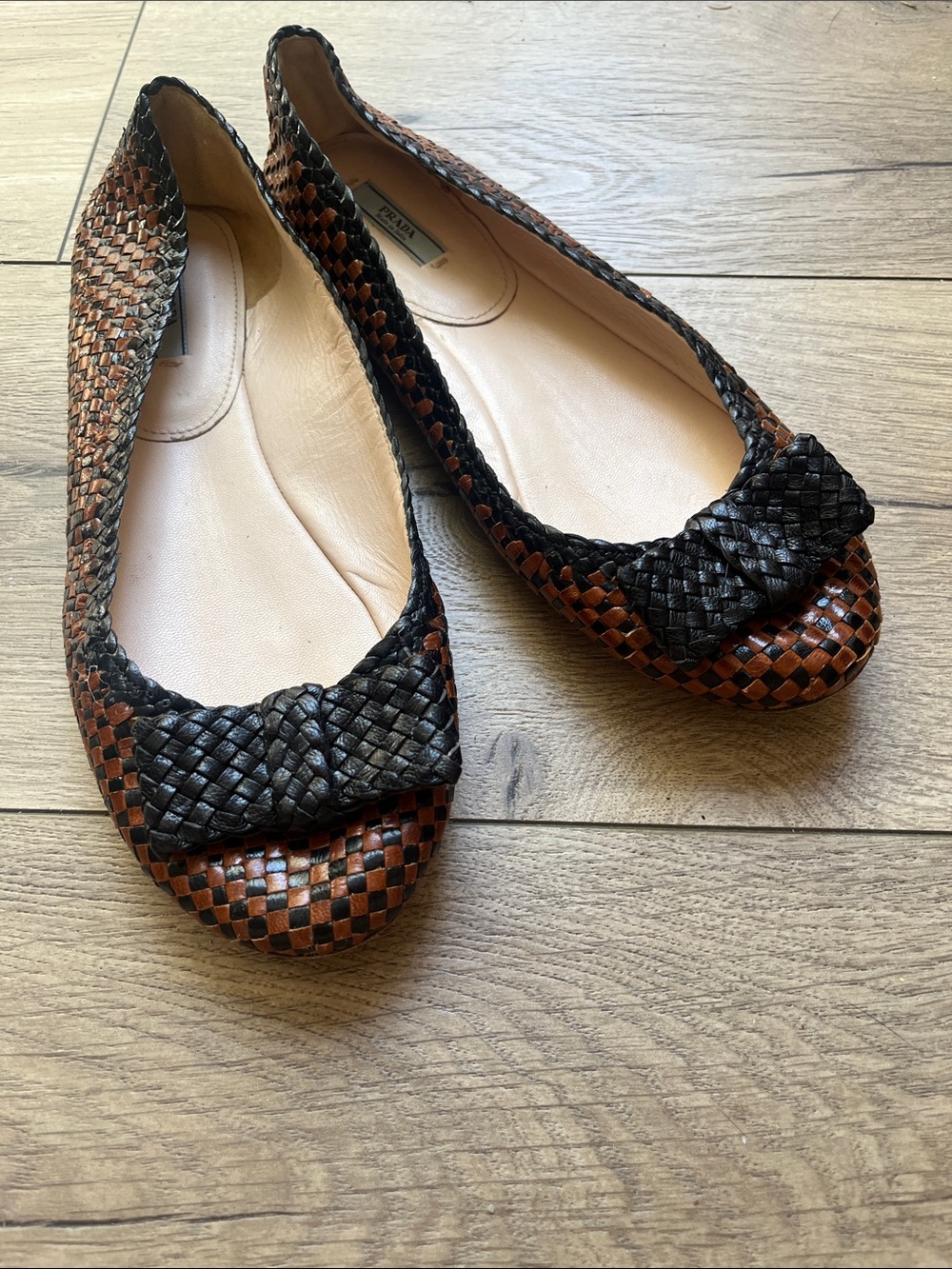 Woven Basket Weave Ballet Flats with Bow by Prada
